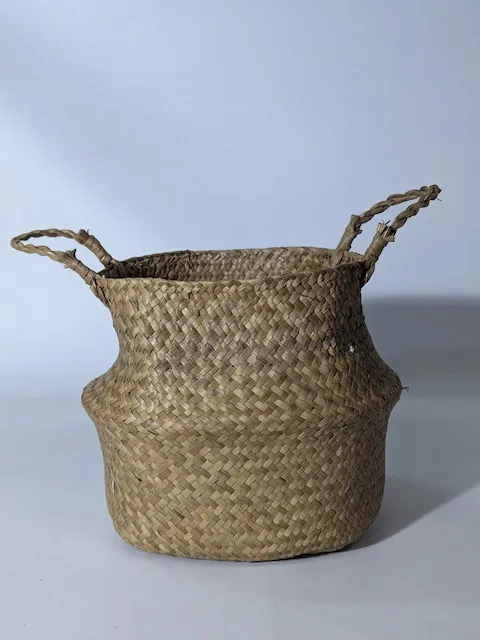 藤編棕色圓型提把編織籃(植物套盆款)