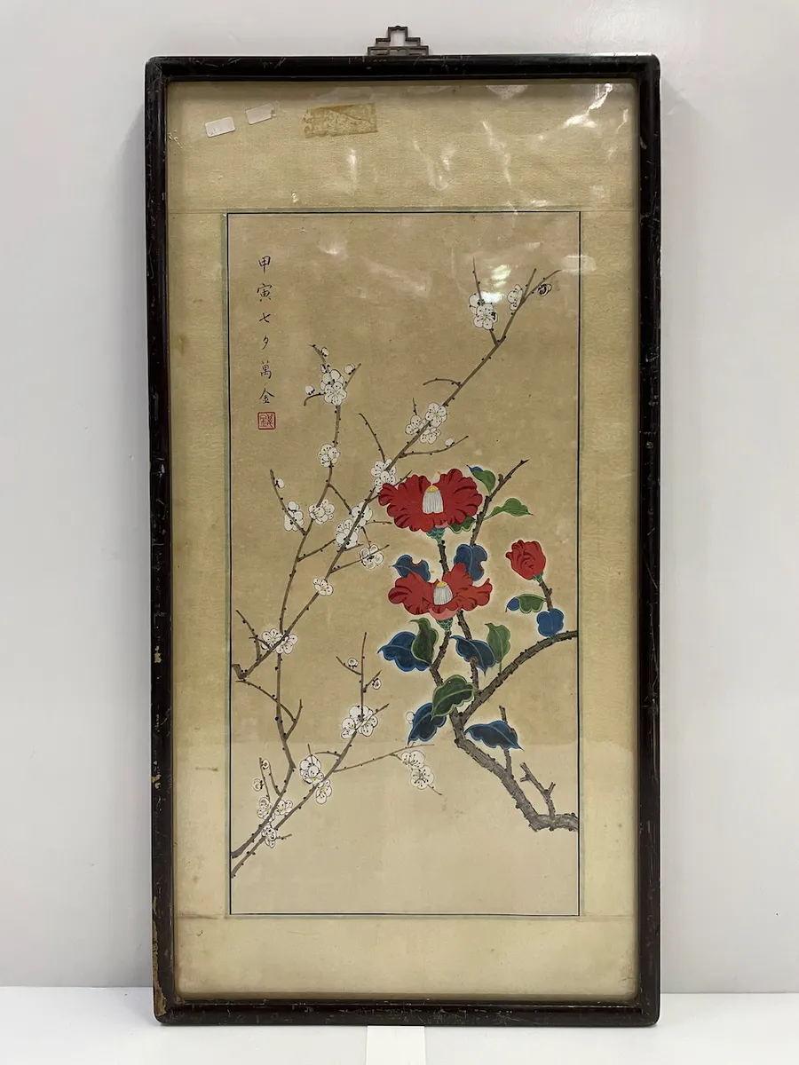 木框直式梅花紅花水墨畫