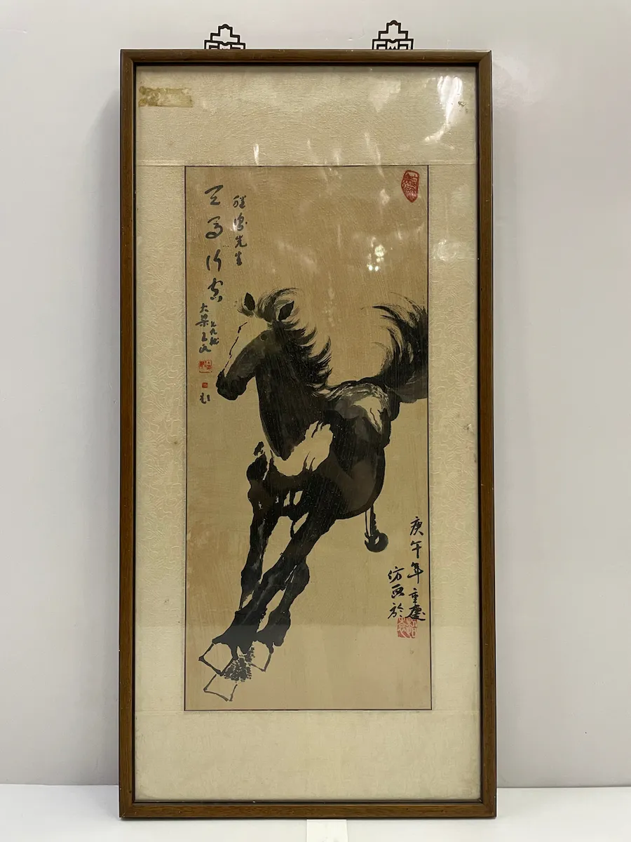 木框直式駿馬圖水墨畫